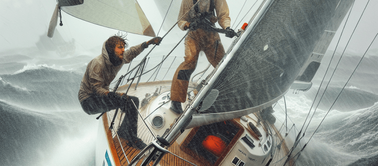 Un bateau à voile dans la tempête, avec deux marins. Illustration du roman dramatique L'île du Docteur Cyrus, plateforme Scéal studio.