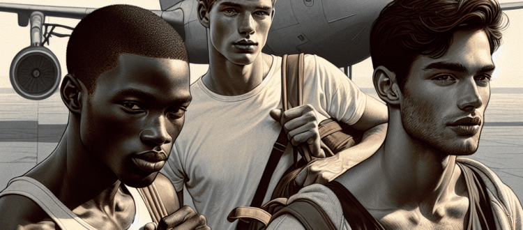 Trois jeunes hommes posent devant un avion de ligne. Illustration du roman dramatique Vol 777 pour Thaïti, plateforme d'écriture Scéal studio.