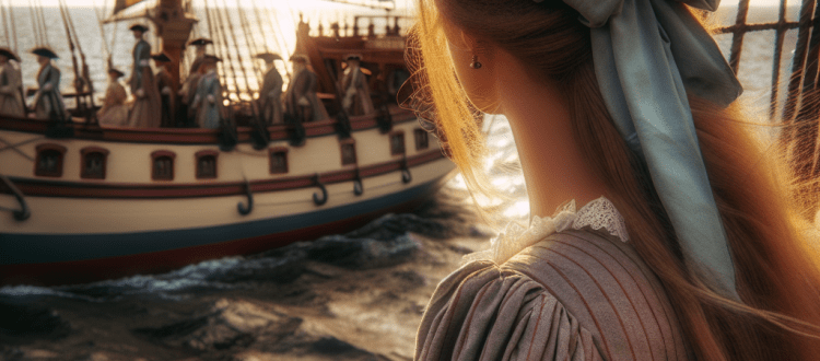 Jeune femme à bord d'un navire à voile du 18e siècle _ Plateforme d'écriture Scéal studio
