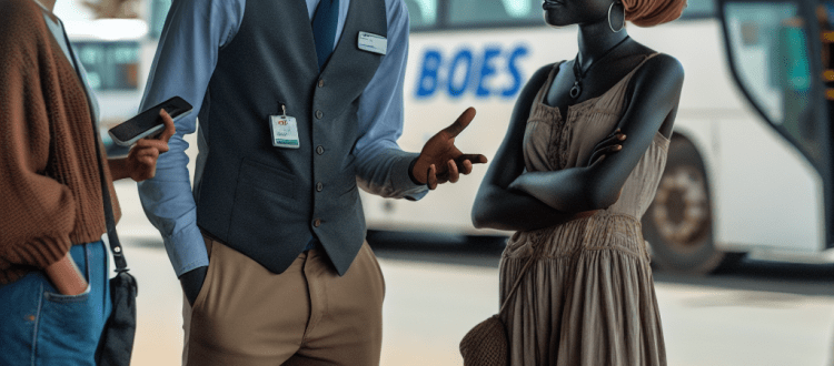 Groupe de personnes dans une gare de bus à Dakar, au Sénégal. Scéal studio, plateforme d'écriture créative.