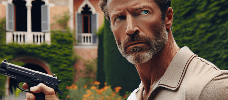 Un homme tient une arme et s'introduit dans le jardin d'une belle maison. Scéal studio, plateforme d'écriture.