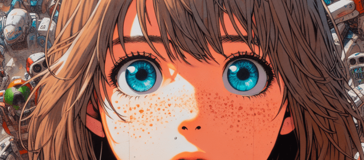 Une jeune fille aux yeux bleus semble stupéfaite. Une armée de robots se presse derrière elle. Scéal studio, plateforme d'écriture.
