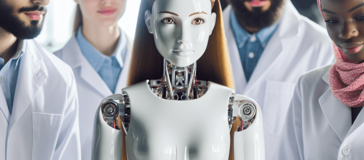 Des ingénieurs entourent un robot humanoïde féminin. Scéal studio, plateforme d'écriture.