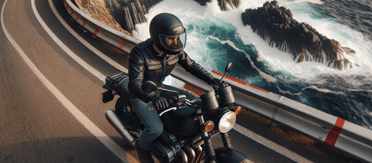 Un jeune homme conduit une moto le long d'une route qui longe une côte battue par les vagues. Scéal studio plateforme d'écriture.
