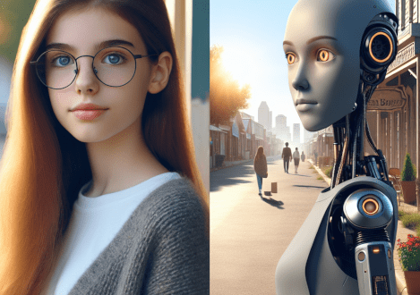 Un jeune fille se tient à côté d'un robot dans une cité futuriste. Scéal studio, plateforme d'écriture créative.