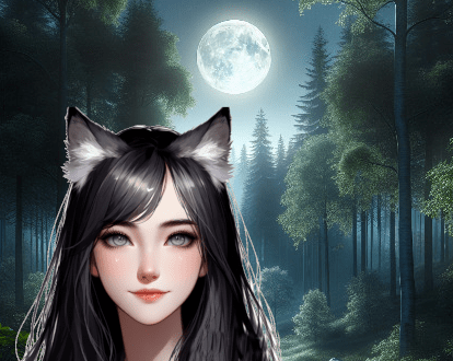 Un paysage de forêt sous la lune avec une jeune fille au premier plan. Scéal studio plateforme d'écriture créative.