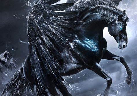 Un cheval noir ailé jaillit d'une mer démontée par la tempête; Scéal studio, plateforme d'écriture.