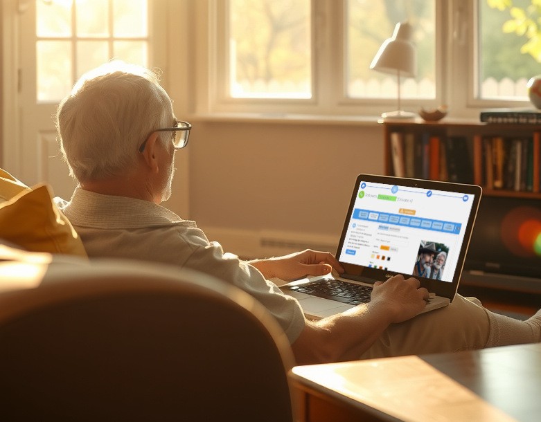 Intérieur d'un salon éclairé par une baie vitrée, après-midi ensoleillée. Un homme âgée est assis devant un ordinateur portable. Il auto-édite sa biographie avec la plateforme d'écriture en ligne Scéal studio.