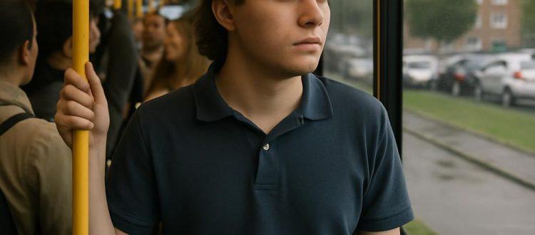 Un jeune homme dont le visage est marqué par une déformation se tient debout dans un bus et regarde le paysage urbain qui défile à travers la fenêtre. Scéal studio, plateforme d'écriture créative.