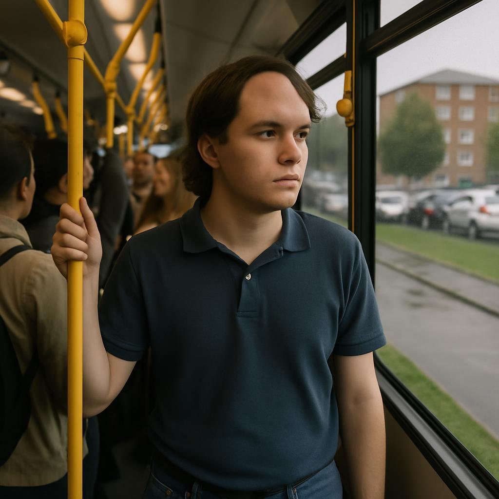 Un jeune homme dont le visage est marqué par une déformation se tient debout dans un bus et regarde le paysage urbain qui défile à travers la fenêtre. Scéal studio, plateforme d'écriture créative.