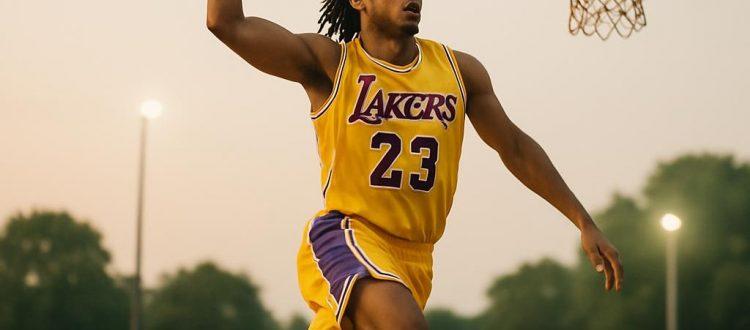 Un basketteur noir en extension est sur le point de marquer un panier. Scéal studio, plateforme d'écriture.