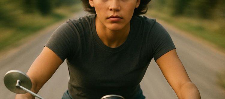 Une jeune fille sans casque roule à vive allure sur une route de campagne au guidon de sa moto. Scéal studio, plateforme d'écriture.