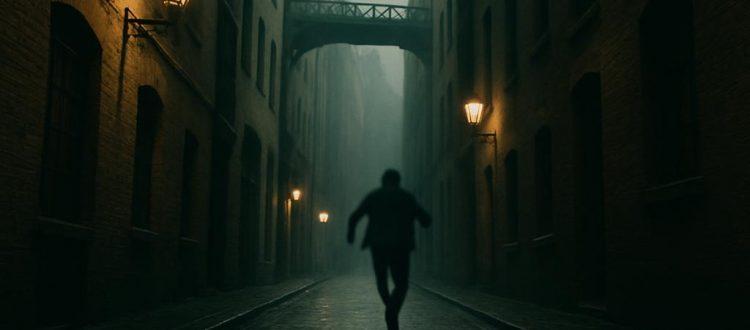 La silhouette d'un homme en train de courir dans une ruelle brumeuse de Londres, éclairée par quelques lampadaires. Scéal studio, plateforme d'écriture scénaristique.