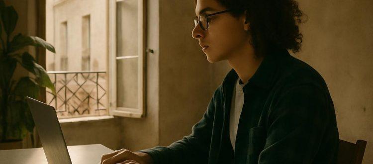 Un jeune homme écrivain assis à sa table de travail dans un appartement parisien. Il réfléchit à l'écriture de son livre devant un ordinateur portable. La fenêtre de l'appartement est ouverte sur la cour intérieure de l'immeuble. Scéal studio, plateforme d'écriture créative.