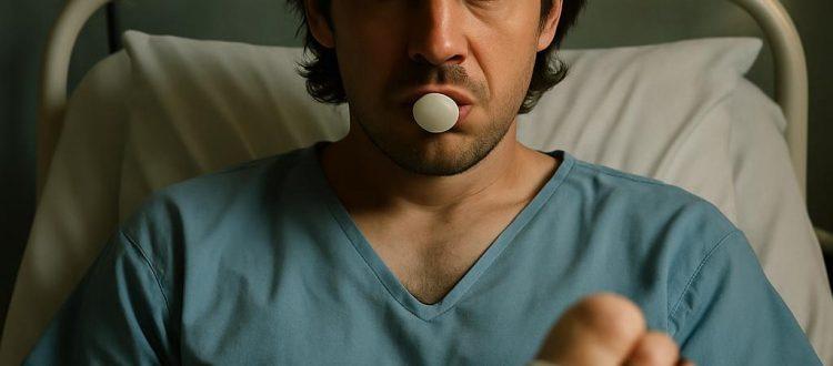 Un homme hospitalisé pour un problème au pied est allongé dans un lit médicalisé. Il mâche un chewing-gum et regarde devant lui avec un regard noir. Scéal studio, plateforme d'écriture.