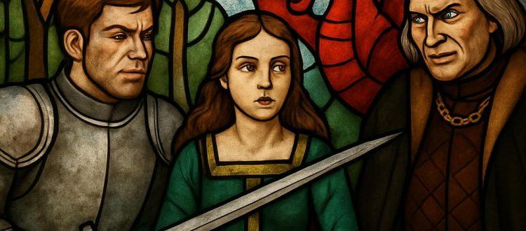 Un vitrail médiéval qui présente un personnage de chevalier en armure et tenant une épée à gauche, une jeune fille au centre et un personnage rihcement vêtu à droite. Un dragon rouge menaçant est en arrière plan. Scéal studio plateforme d'écriture créative.