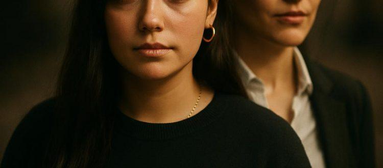 Une jeune fille pose devant sa mère qui se tient derrière elle. L'image véhicule une idée de transmission. Scéal studio, studio d'écriture.