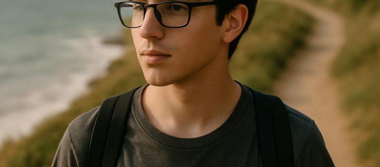 Un jeune homme marche le long d'un sentier côtier de l'île de Molène, en Bretagne. Il porte des lunettes et le vent souffle dans ses cheveux. Scéal studio, plateforme d'écriture de scénarios.
