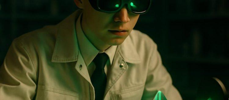 Un jeune homme blond, vêtu d'une blouse blanche et portant des lunettes spéciales, est en train de mener une expérience avec un laser dans un laboratoire.