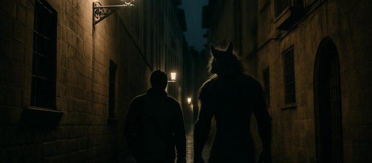 Ruelle étroite et sombre, éclairée par un lampadaire et par la clarté diffuse de la Lune. Deux personnages marchent de dos. L'un d'eux ressemble à un loup-garou.