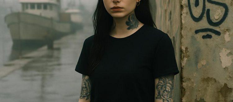 Une jeune fille tatouée se tient debout sur le quai d'un port de pêche en France, par une matinée brumeuse. Scéal studio.