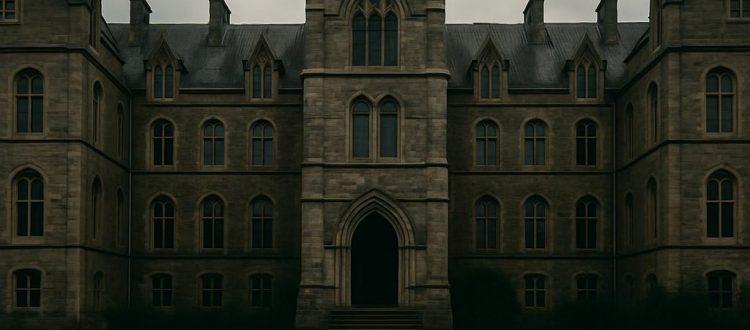 La façade d'une école religieuse sinistre, tôt le matin. Scéal studio, plateforme de création de récits.