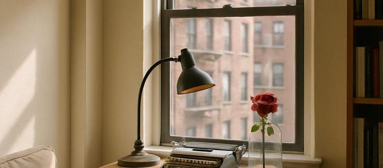Un bureau face à la fenêtre qui donne sur des immeubles. C'est le matin, la lumière du soleil éclaire la machine à écrire qui est posée sur le bureau. Un vase avec une rose est posé à droite. Scéal studio, plateforme d'écriture de scénarios.