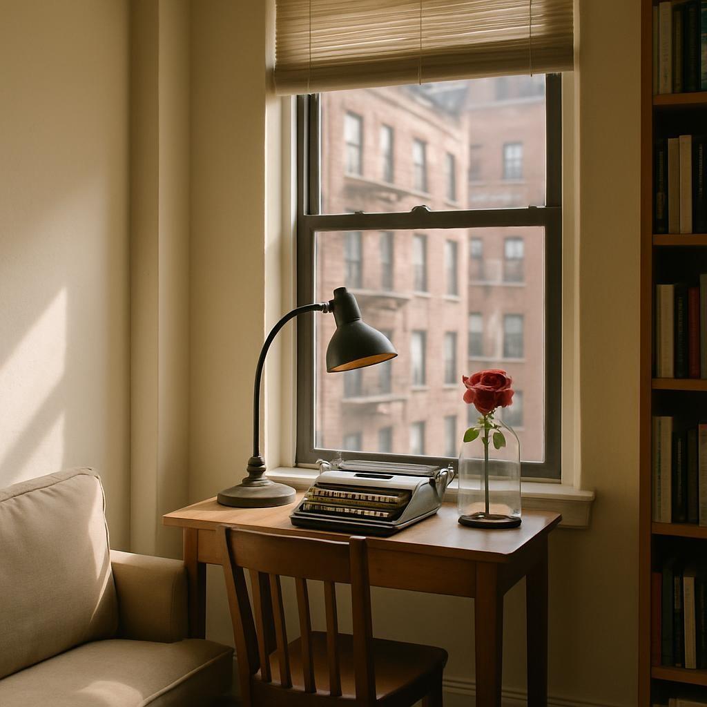 Un bureau face à la fenêtre qui donne sur des immeubles. C'est le matin, la lumière du soleil éclaire la machine à écrire qui est posée sur le bureau. Un vase avec une rose est posé à droite. Scéal studio, plateforme d'écriture de scénarios.