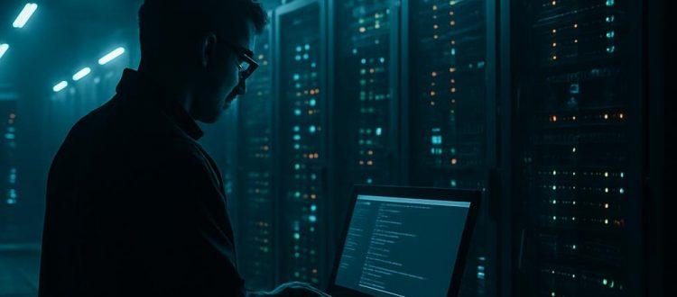 Dans salle de serveurs plutôt sombre, un technicien est en train de saisir des instructions sur un terminal pour paramétrer une ia. Scéal studio, plateforme d'écriture.