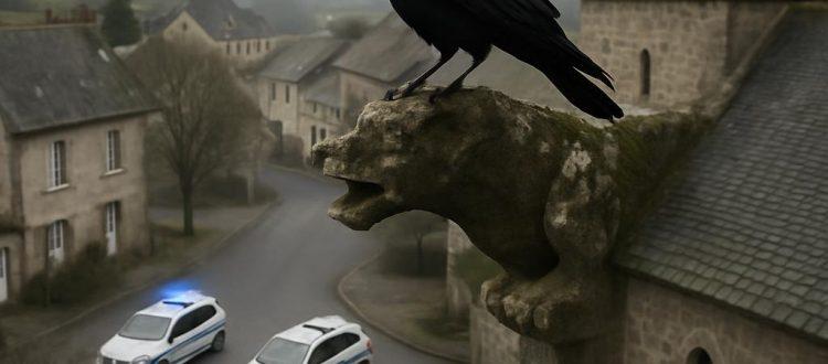 Perché sur une gargouille d'une église de village en France, un corbeau croasse. On distingue en contrebas, sur la place, des voitures de police arrêtées ainsi qu'une petite troupe de villageois. Scéal studio, plateforme d'écriture créative.