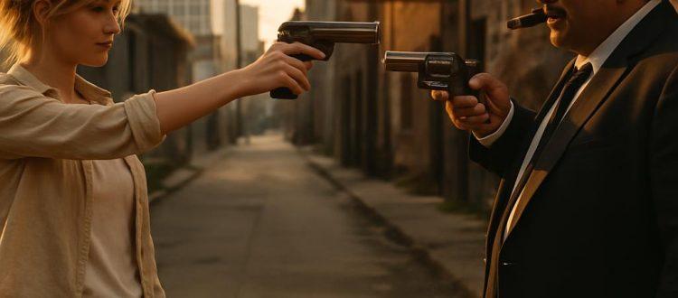 Une jeune femme et un homme qui porte un stetson se tiennent chacun en respect avec leur pistolet dans une rue des Etats-Unis. Scéal studio, plateforme d'écriture scénaristique.