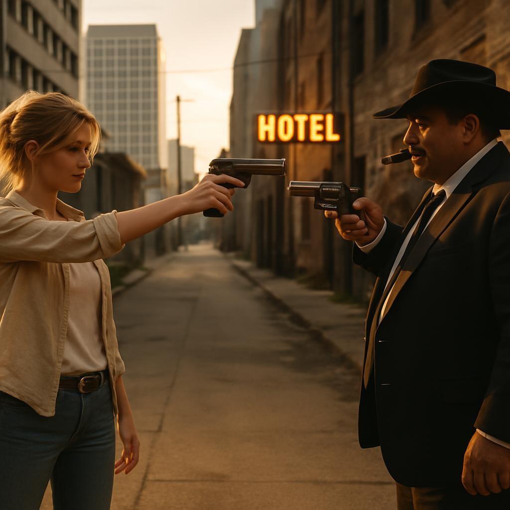 Une jeune femme et un homme qui porte un stetson se tiennent chacun en respect avec leur pistolet dans une rue des Etats-Unis. Scéal studio, plateforme d'écriture scénaristique.