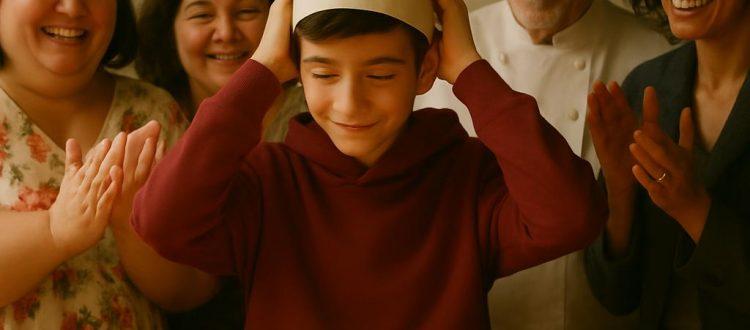 Un adolescent revêt une toque de cuisinier sous les applaudissements et félicitations d'amis et de membres de sa famille. Scéal studio, plateforme d’écriture créative.