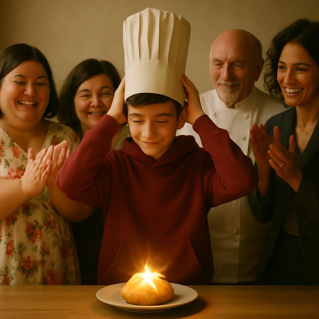 Un adolescent revêt une toque de cuisinier sous les applaudissements et félicitations d'amis et de membres de sa famille. Scéal studio, plateforme d’écriture créative.