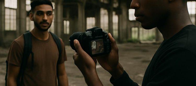 Dans le cadre d'un urbex, un jeune homme noir filme un ami dans le décor d'une usine abandonnée. Scéal studio, plateforme d'écriture.