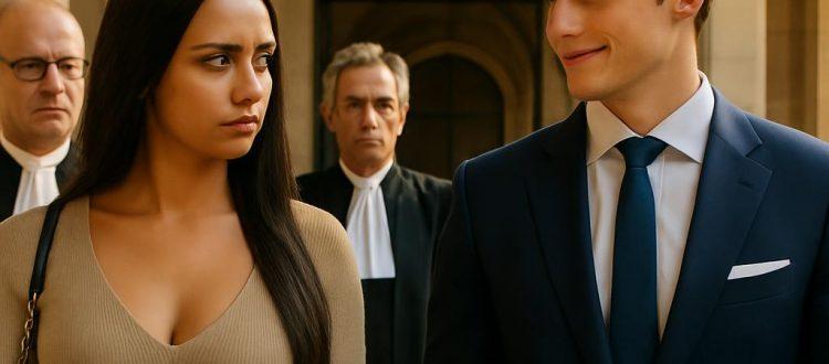 Une jeune femme et un jeune homme sortent du tribunal, accompagnés de leurs avocats. Ils sont tous deux bien habillés. et se regardent avec un air de défi. Scéal studio, plateforme d'écriture créative.