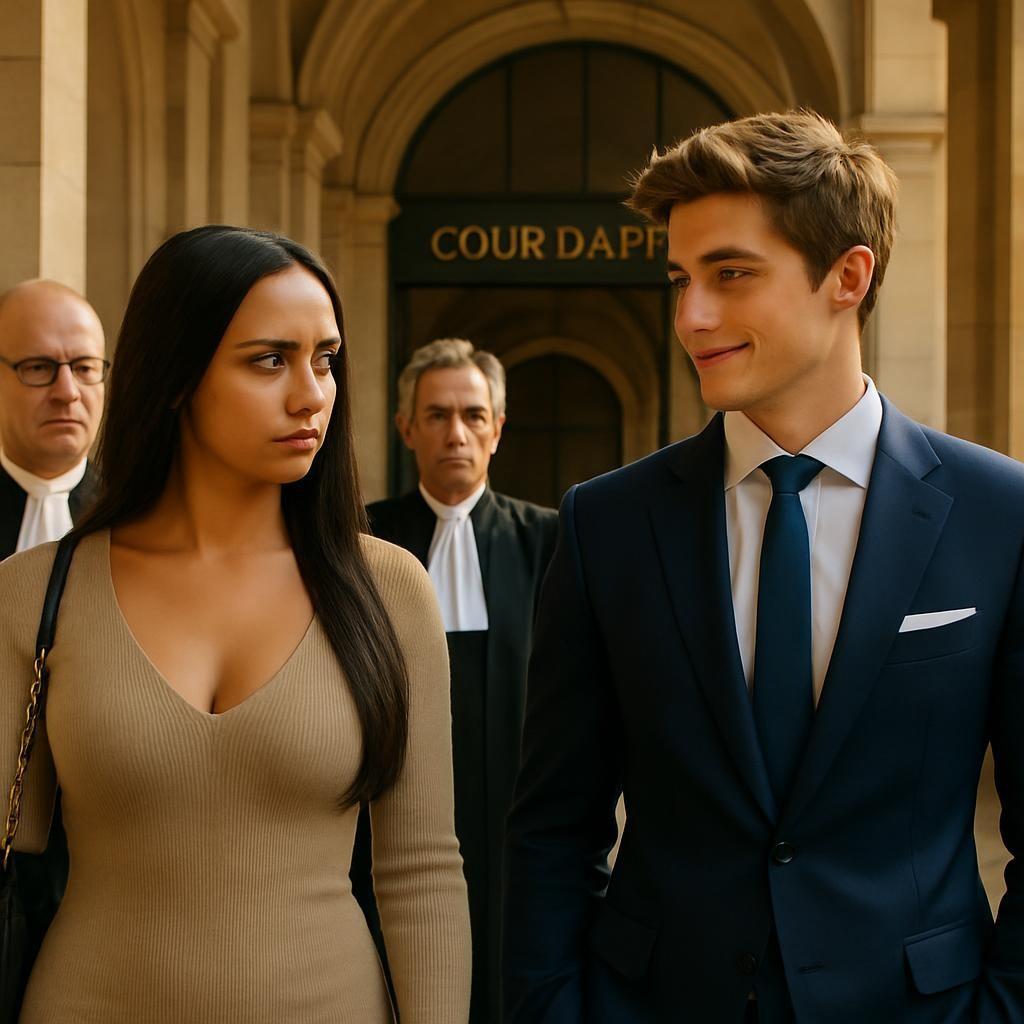 Une jeune femme et un jeune homme sortent du tribunal, accompagnés de leurs avocats. Ils sont tous deux bien habillés. et se regardent avec un air de défi. Scéal studio, plateforme d'écriture créative.