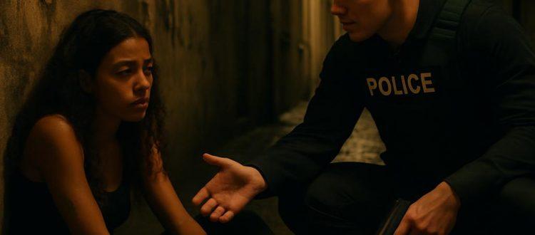 Une jeune femme qui semble être épuisée moralement est assise sur le trottoir d'une ruelle sombre éclairée par un lampadaire. Un policier accroupit devant elle tient un pistolet de la main gauche et tend sa main droite vers elle pour l'aider à se relever. Scéal studio, plateforme d'écriture.