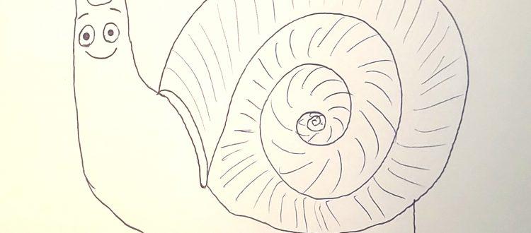 Un dessin d'enfant représentant un escargot avec des pattes. Scéal studio, plateforme d'écriture créative.