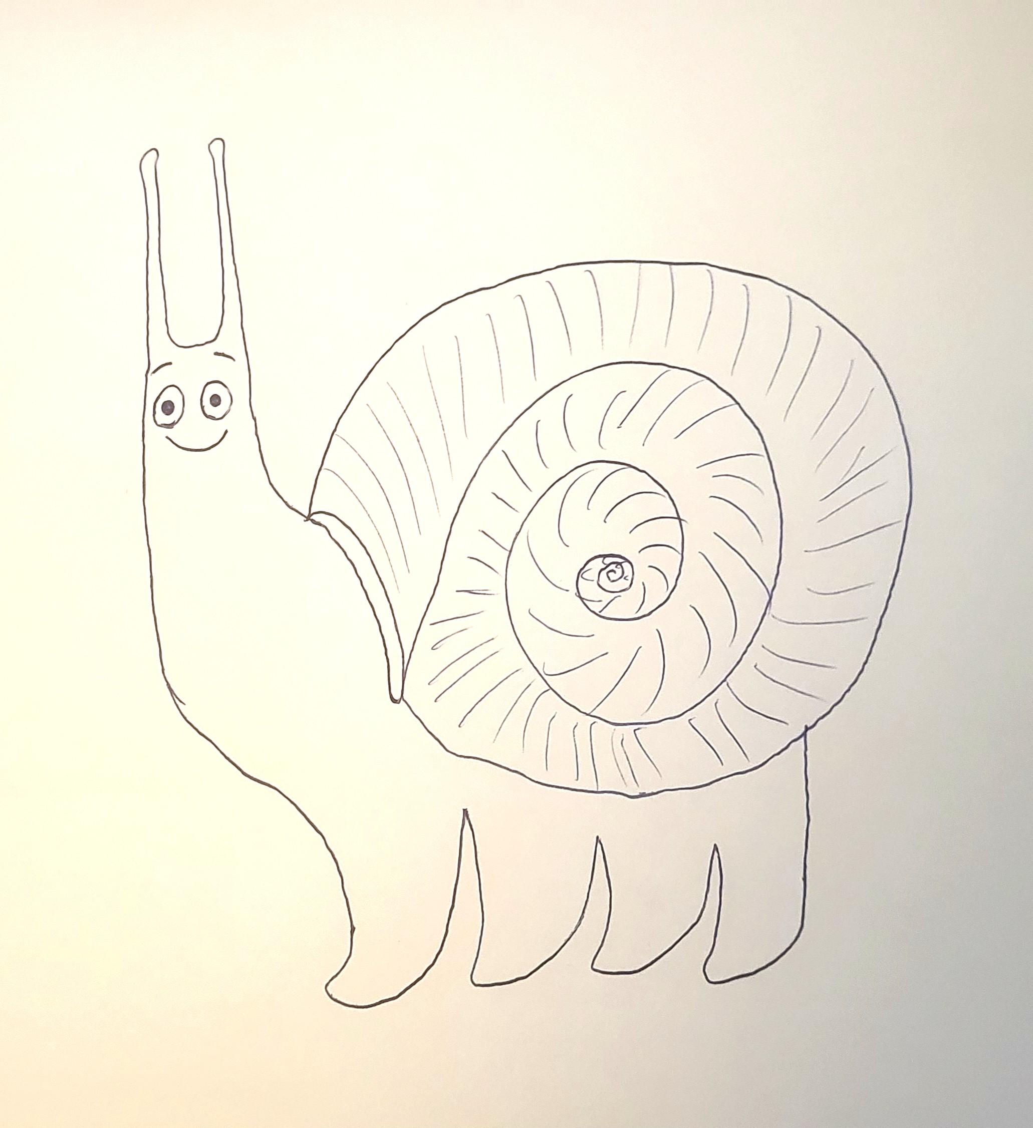 Un dessin d'enfant représentant un escargot avec des pattes. Scéal studio, plateforme d'écriture créative.